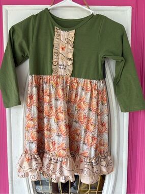 Girls Olive Green and Pumpkin Print Long Sleeve Dress